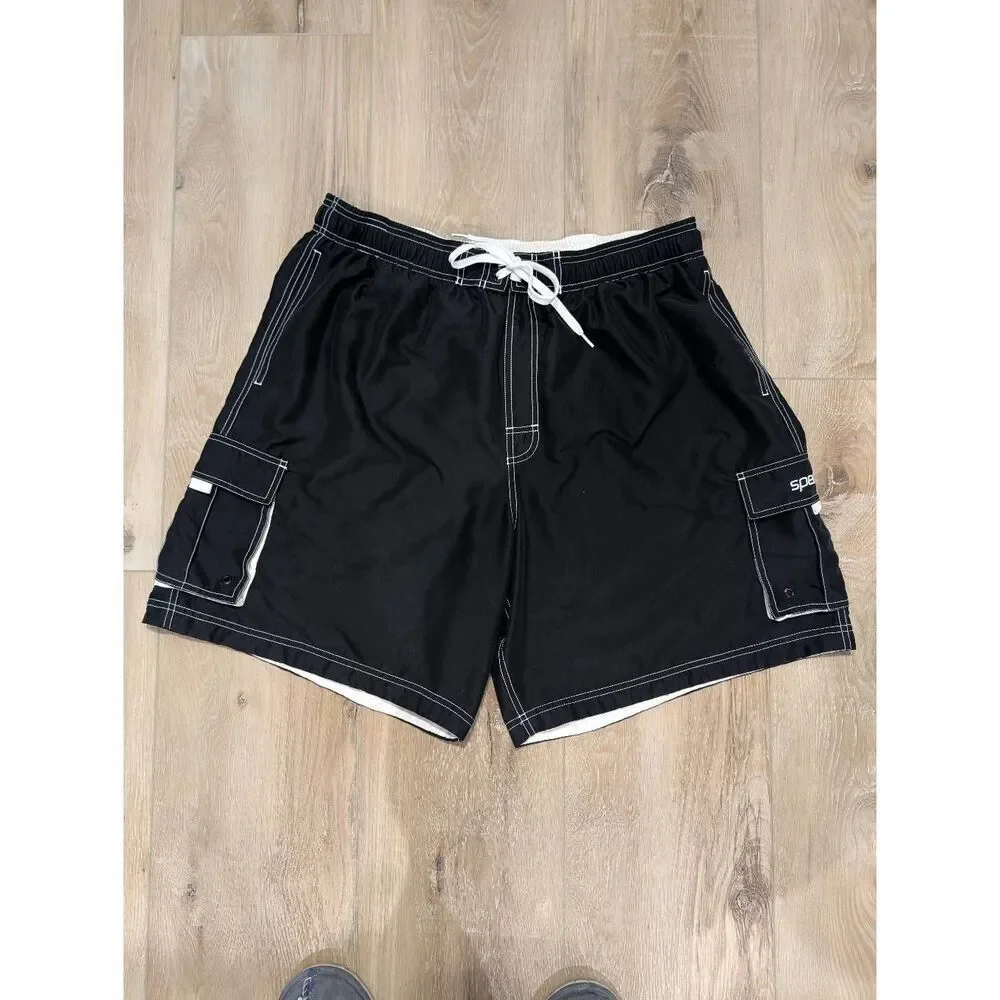 Speedo Men's Marina Volley Swim Trunk Black Cargo Pockets Sz XXL EUC